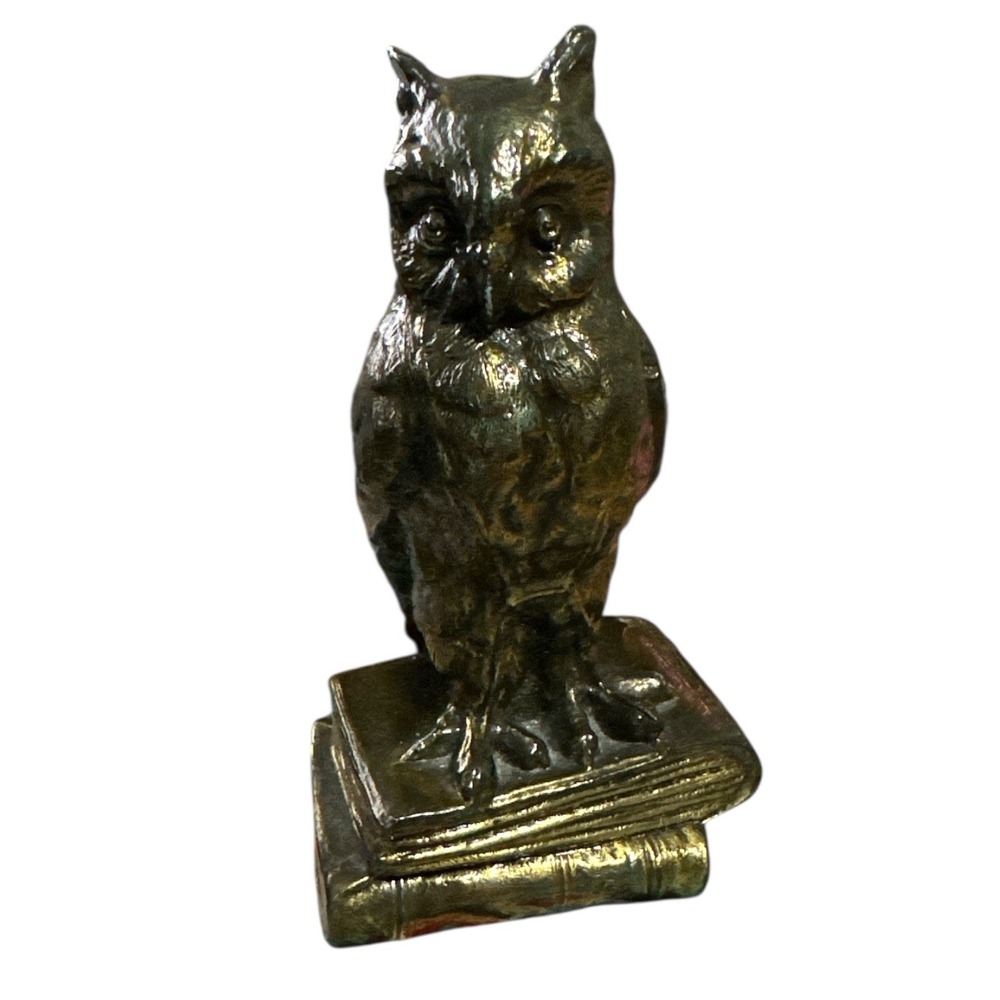Vtg Bronze Brass Owl On Books Figurine Statue 4.75"‎ Library Office Teacher